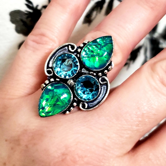 New Dichroic Glass and Blue Topaz 925 Silver Ring. - Picture 7 of 8